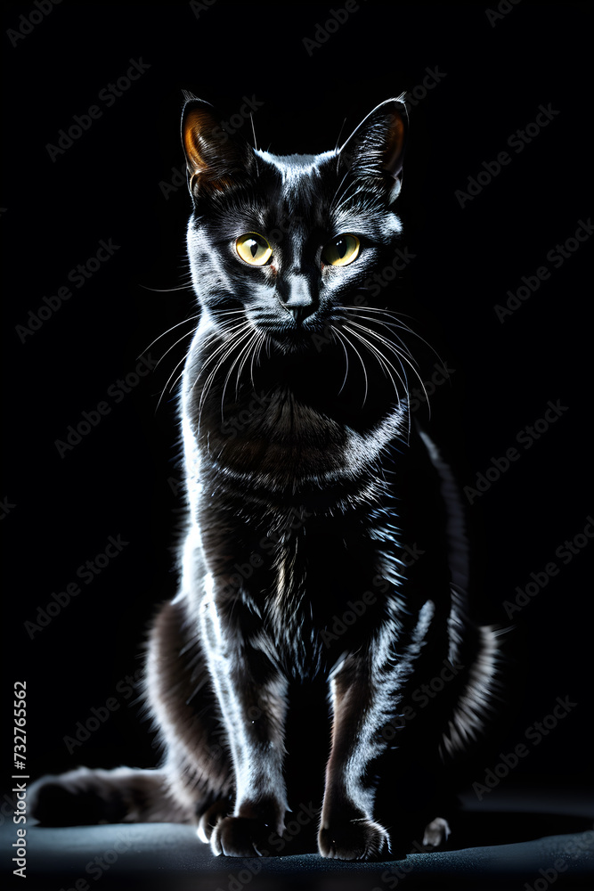 Fototapeta premium black cat on a black background backlight low key