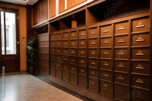 Brown steel Mailboxes in an apartment residential building inside. Modern rows of numbered mailbox, creative design mail backgrounds. Urban correspondence concept. Copy ad text space. Generated Ai