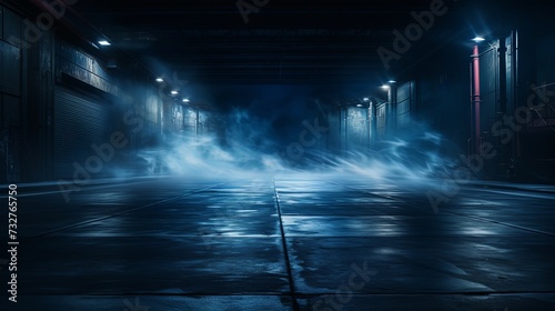 A dark empty street  dark blue background  an empty dark scene  neon light  spotlights The asphalt floor and studio room with smoke float up the interior texture. night view