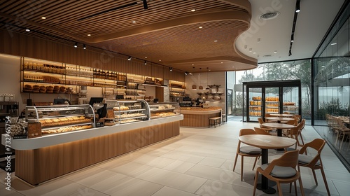 Cafe bakery and hypermarket interior with a counter and tables arranged neatly. Generative AI.