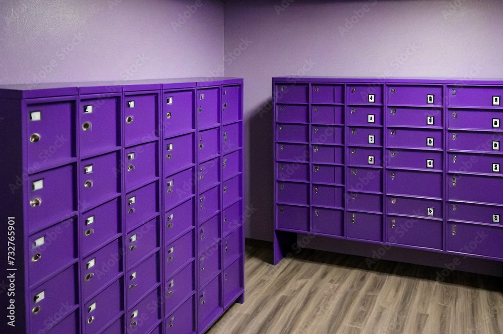 Purple steel Mailboxes in an apartment residential building inside. Modern rows of numbered mailbox, creative design mail backgrounds. Urban correspondence concept. Copy ad text space. Generated Ai