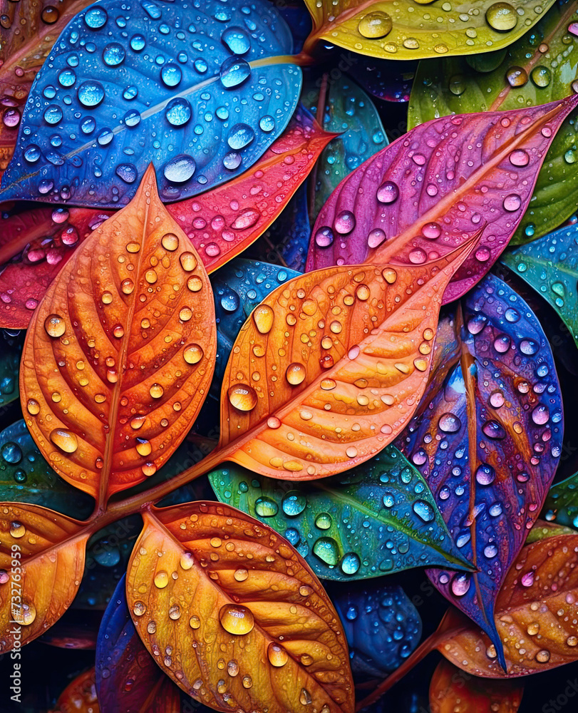 Stunning vibrant multi-coloured Autumn Fall leaves with water drops