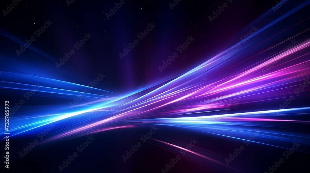 Abstract technology futuristic glowing blue and purple light lines with speed motion blur effect on dark blue background. Vector illustration