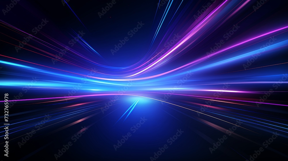 Abstract technology futuristic glowing blue and purple light lines with speed motion blur effect on dark blue background.