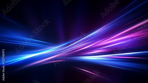 Abstract technology futuristic glowing blue and purple light lines with speed motion blur effect on dark blue background. Vector illustration