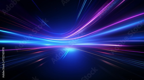 Abstract technology futuristic glowing blue and purple light lines with speed motion blur effect on dark blue background. 