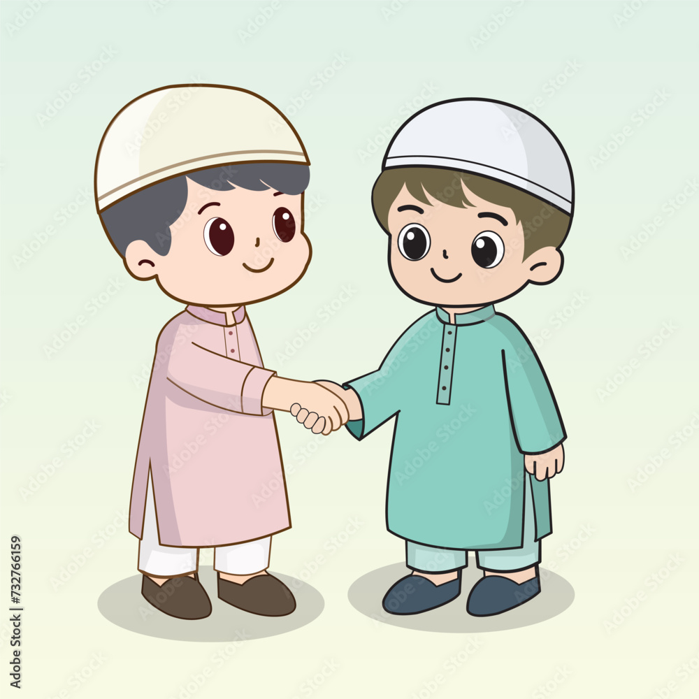Printable cute two muslim boys shaking hands, handshake vector illustration, islamic art Printable cute two muslim boys shaking hands, handshake vector illustration, islamic art