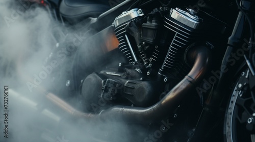 A close-up of a motorcycle's exhaust pipe, emitting a stream of vapor as a testament to the machine's raw power.