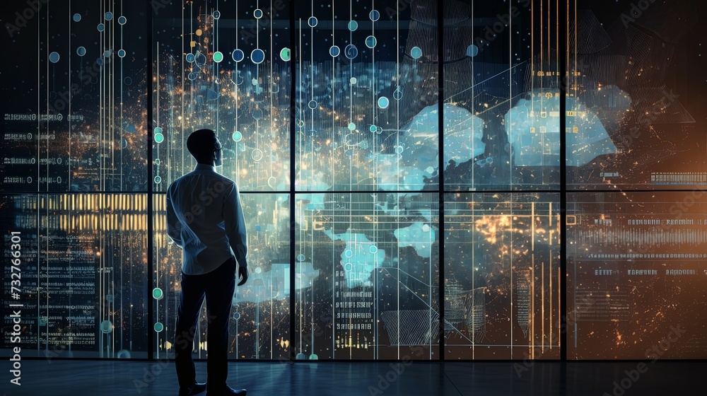 Big data technology and data science with person touching data flowing on virtual screen. Business analytics, artificial intelligence, machine learning. Engineer or scientist analyzing stream of data Big data technology and data science with person touching data flowing on virtual screen. Business analytics, artificial intelligence, machine learning. Engineer or scientist analyzing stream of data