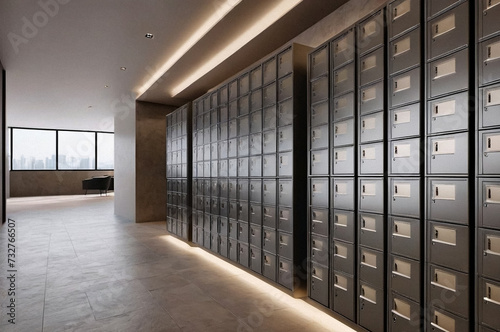 Grey steel Mailboxes in an apartment residential building inside. Modern rows of numbered mailbox, creative design mail backgrounds. Urban correspondence concept. Copy ad text space. Generated Ai photo