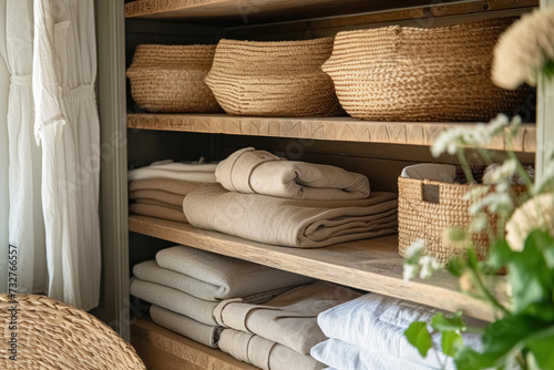 Linen cupboard in bathroom with shelves baskets holding clean towels, closet organizer drawers and assorted toiletries in scandinavian style, eco friendly solution for storage