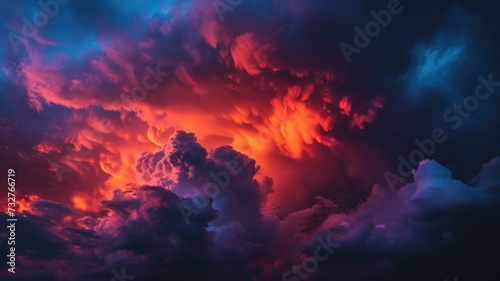 Dramatic red and blue clouds with a tumultuous appearance photo