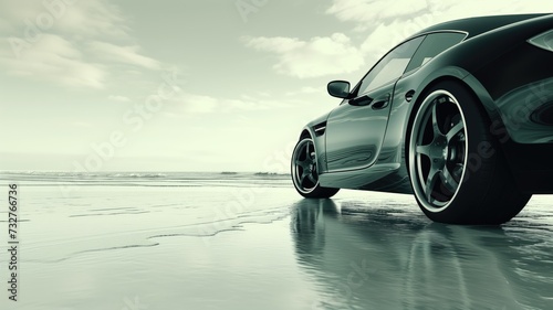 Sports car parked on a serene beach, reflection on wet sand © Artyom