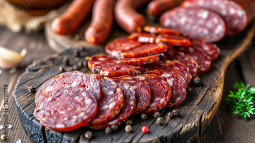 Selection of gourmet smoked sausages on rustic wooden board. Delicatessen and gourmet food