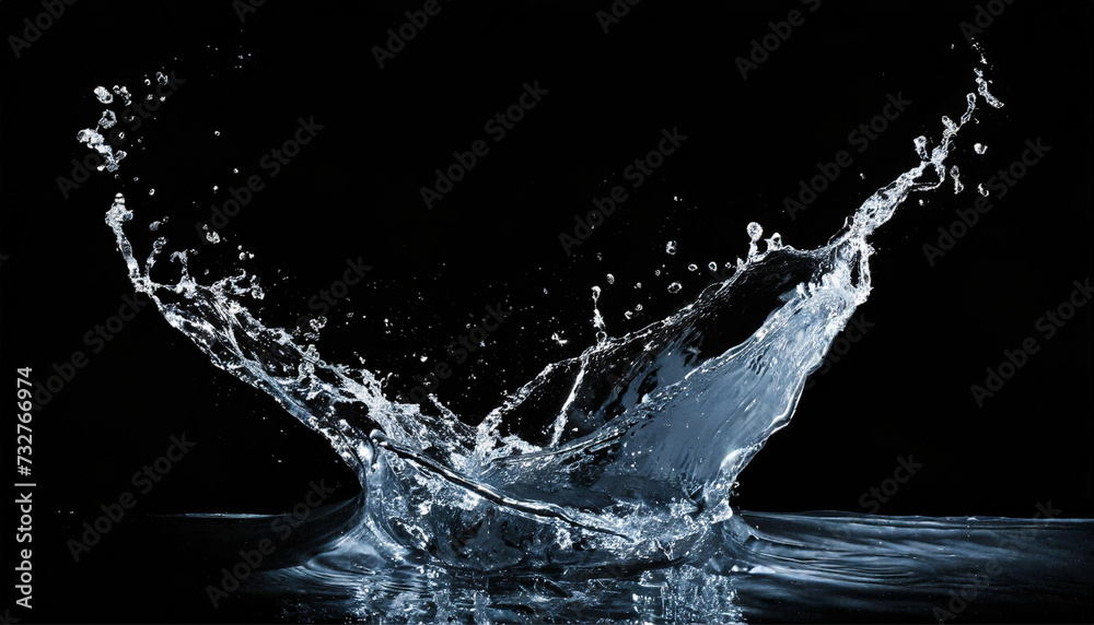 Water splash isolated on black background. Close up of blue water splash and air bubbles Water splash isolated on black background. Close up of blue water splash and air bubbles