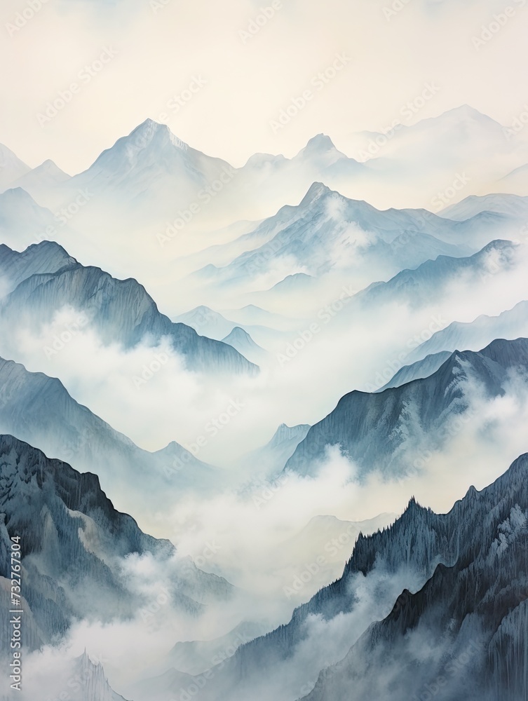 Seascape Art Print: Mist-Enveloped Mountain Peaks - Foggy Mountain Landscape Scene