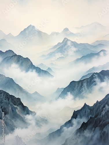 Seascape Art Print: Mist-Enveloped Mountain Peaks - Foggy Mountain Landscape Scene © Michael