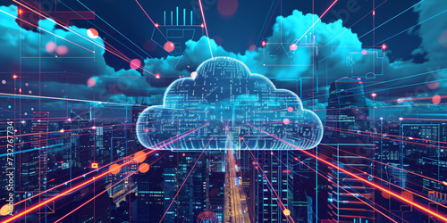 modern cloud in front of a city, network, communication, data, storage, digital, web