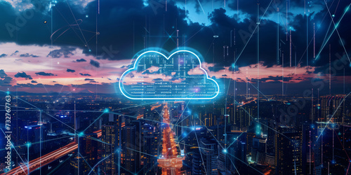modern cloud in front of a city, network, communication, data, storage, digital, web