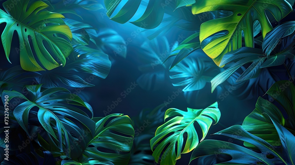 Vibrant neon lights weaving through dense tropical greenery. Vibrant neon lights weaving through dense tropical greenery.