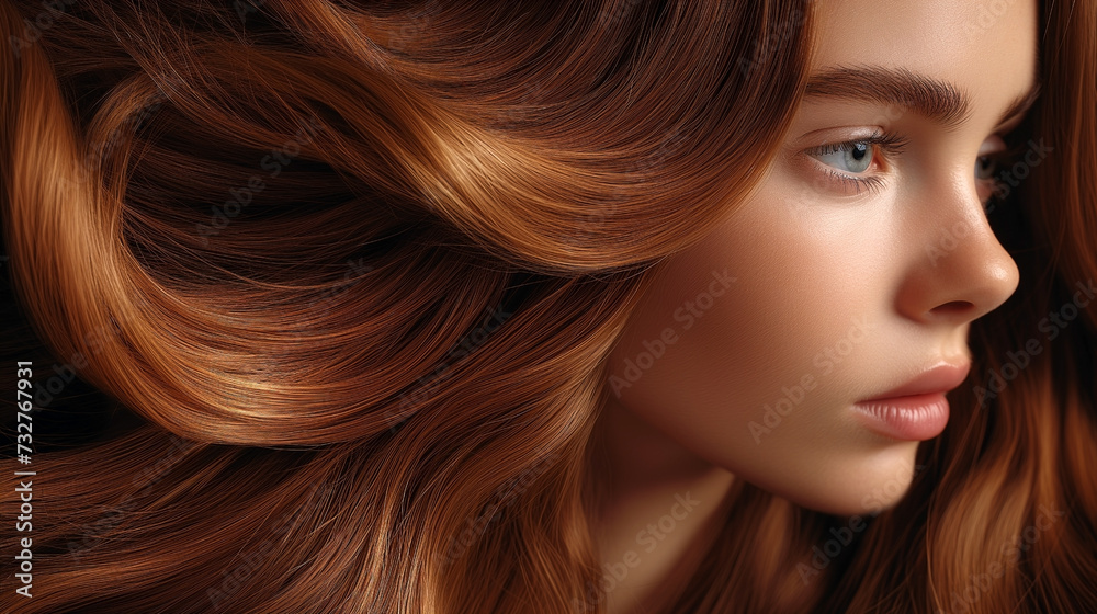 A close-up side profile of a woman with auburn hair cascading in luxurious waves, highlighting the rich texture and color that resembles the fluid beauty of a finely painted masterpiece A close-up side profile of a woman with auburn hair cascading in luxurious waves, highlighting the rich texture and color that resembles the fluid beauty of a finely painted masterpiece