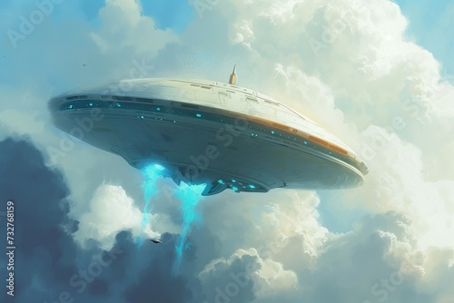 Painting of a Flying Saucer in the Clouds