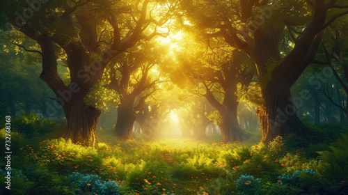 A dreamlike woodland glade bathed in the soft light of dawn.
