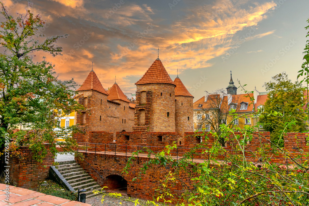 Old fortified Castle Barbican located in the center of Warsaw, Poland, October, 2023. - obrazy, fototapety, plakaty 