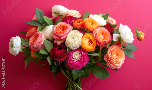 lush bouquet of multicolored roses on a vivid pink background