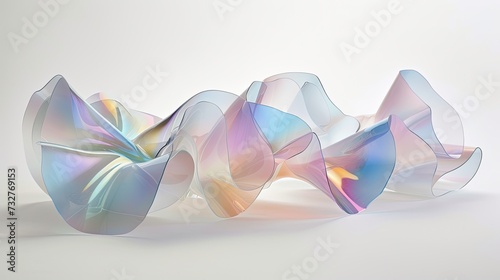 abstract minimalism with a realistic photograph featuring translucent organic amorphous flat shapes overlapping in iridescent layers, set against a pristine white background.