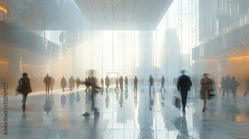 Blurred people walking in a bright, modern glass corridor.