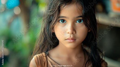 Retrato de ni  a filipina joven  morena de ojos negros  primer plano  con fondo desenfocado