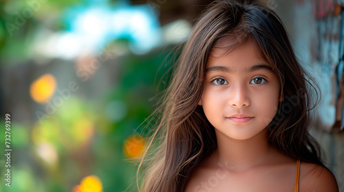 Retrato de niña filipina joven, morena de ojos negros, primer plano, con fondo desenfocado