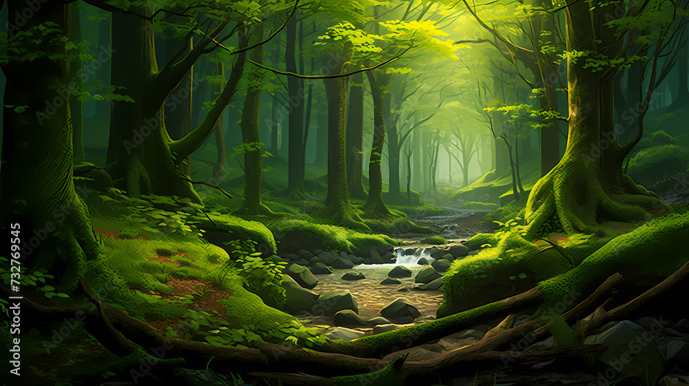 Lush green forest, vibrant green plants in the forest