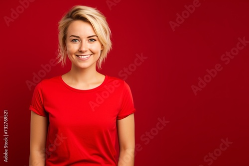 young blonde woman smiling with red tshirt isolated on red background