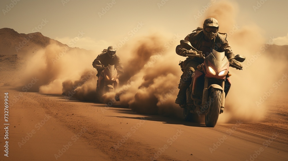 A high-speed chase between two motorcycles on a desert road, kicking up clouds of dust in their pursuit.