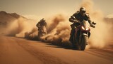 A high-speed chase between two motorcycles on a desert road, kicking up clouds of dust in their pursuit.