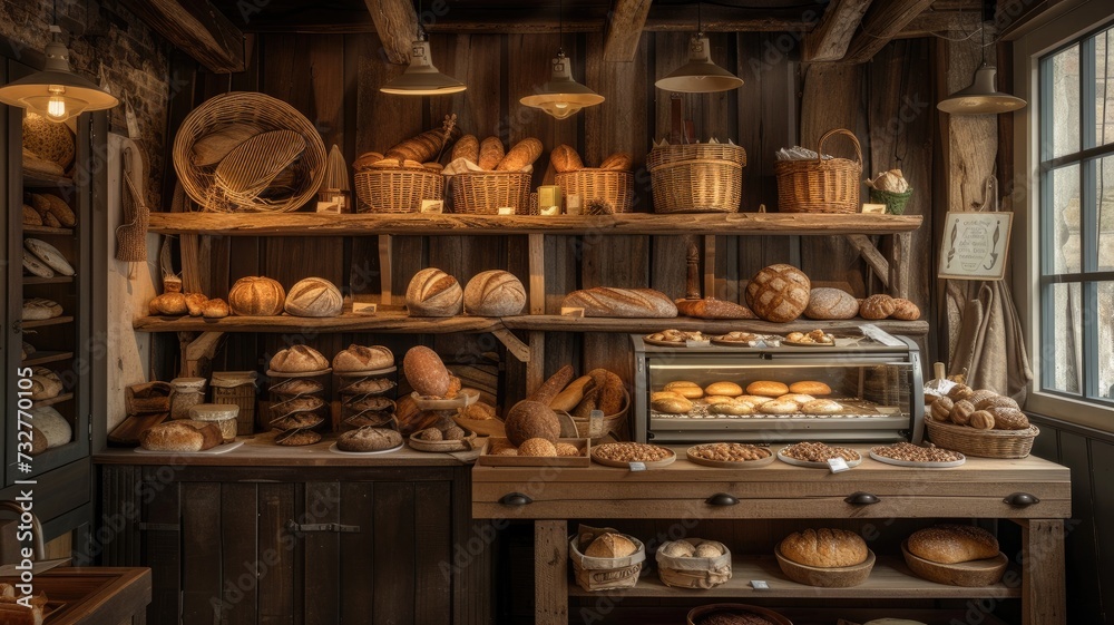 a quaint bakery, where artisanal bread varieties are artfully arranged on a rustic wooden counter, tempting passersby with their delicious aroma. a quaint bakery, where artisanal bread varieties are artfully arranged on a rustic wooden counter, tempting passersby with their delicious aroma.