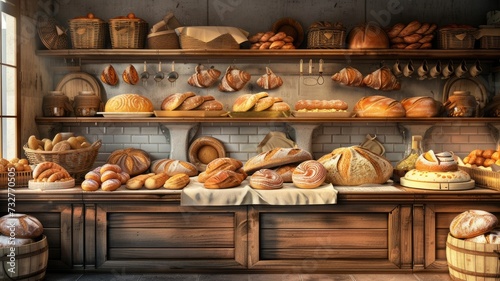a quaint bakery, where artisanal bread varieties are artfully arranged on a rustic wooden counter, tempting passersby with their delicious aroma.
