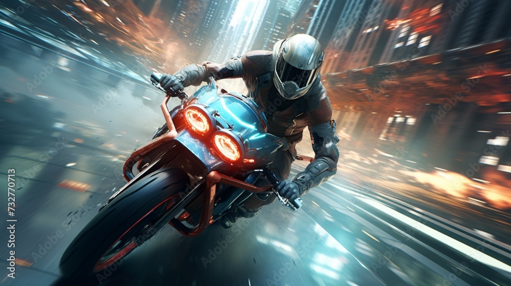 A high-speed racing bike racing through a cityscape of floating, crystalline structures.