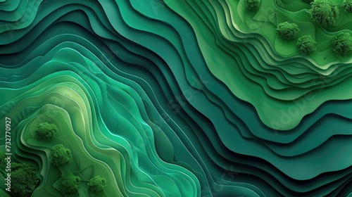 Stylized green topography with tree elements creating an ecological artwork.