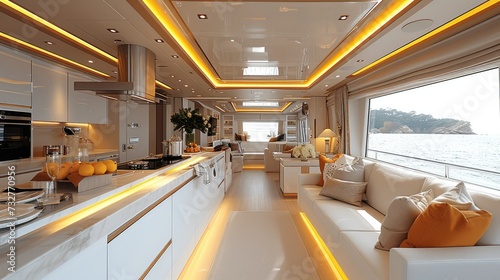 Luxurious interior design of the cabins  Inside kitchen of modern yacht. Generative AI.
