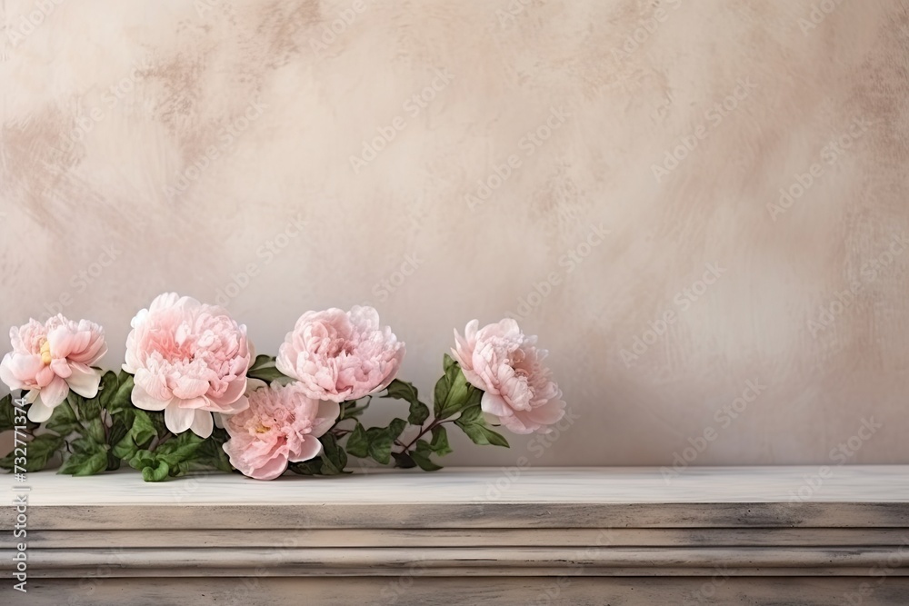 retro background with peonies in vintage style with free space for inscriptions. antique wall with scuffs in shabby chic style. summer spring laconic natural background - obrazy, fototapety, plakaty 