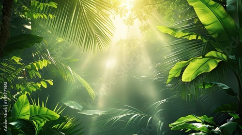 Sunlight pierces through the vibrant foliage of a dense jungle setting.