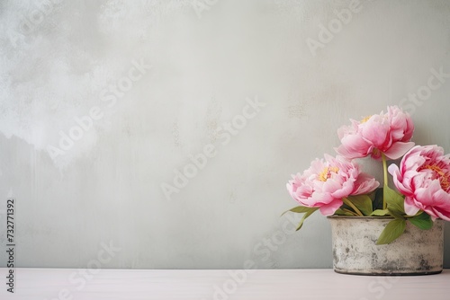 retro background with peonies in vintage style with free space for inscriptions. antique wall with scuffs in shabby chic style. summer spring laconic natural background