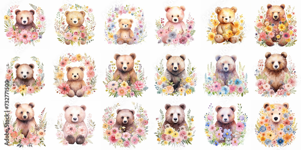 Obraz premium Adorable Bears Surrounded by Watercolor Floral Wreaths Collection Set