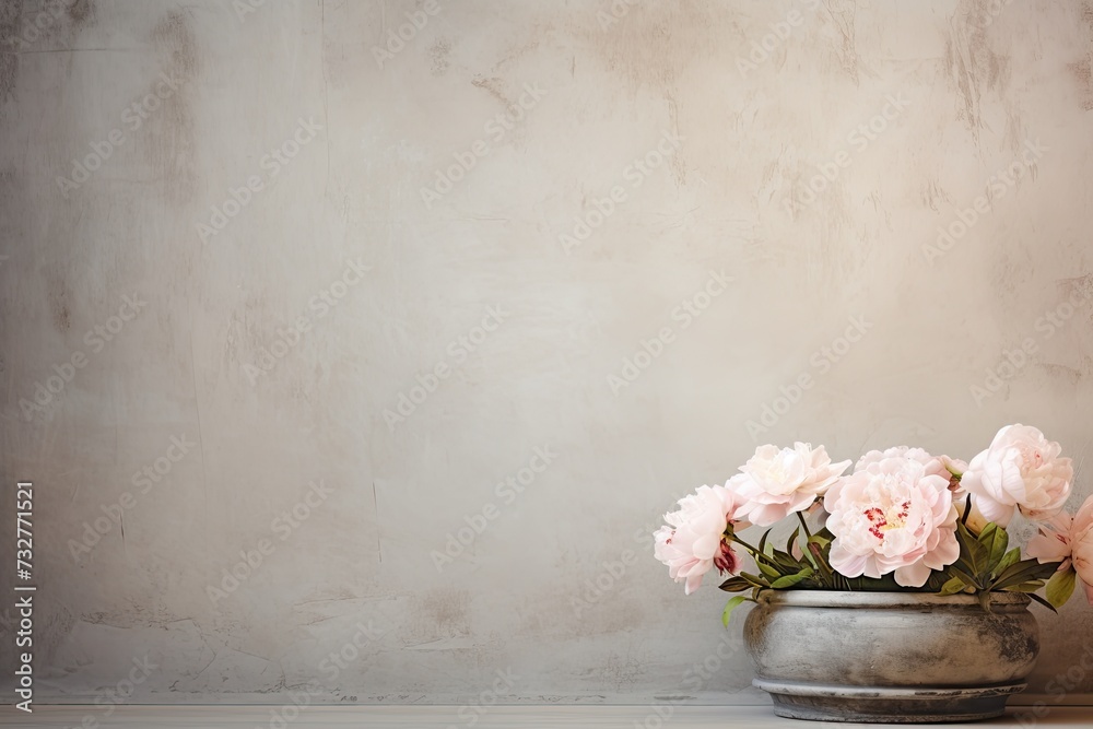 retro background with peonies in vintage style with free space for inscriptions. antique wall with scuffs in shabby chic style. summer spring laconic natural background - obrazy, fototapety, plakaty 