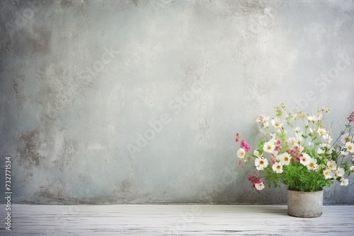 retro background with small summer colorful flowers in vintage style with free space for various inscriptions. antique wall with scuffs in shabby chic style. summer spring laconic natural background
