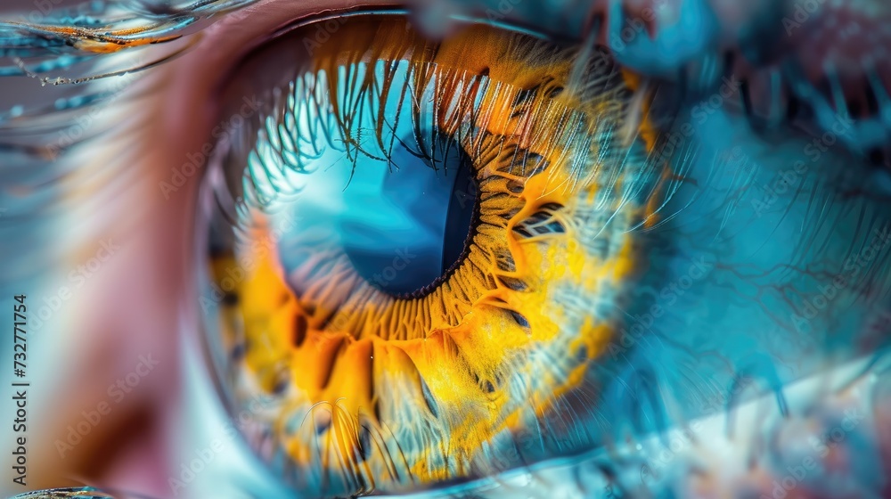 Macro shot of a human eye with intricate details and vivid colors.