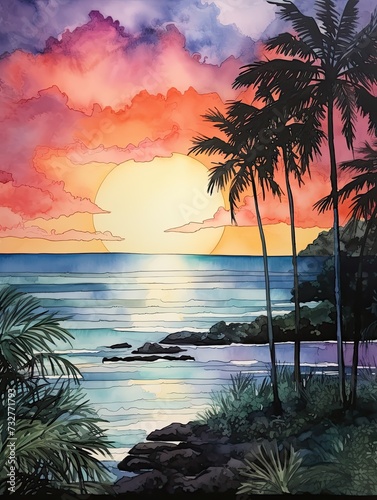 Silhouetted Palm Beaches Watercolor Landscape  Nature Art  Ocean Scene